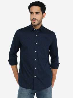 JadeBlue - Navy Blue Printed Semi Casual Cotton Shirt