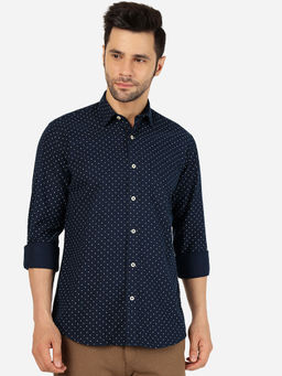 JadeBlue - Navy Blue Printed Semi Casual Cotton Shirt