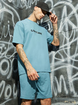 Campus Sutra - Men's Blue Relaxed Co-Ord With Graphic Print (Set of 2)