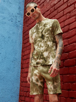 Campus Sutra - Men's Olive Green Contrast Tye-Dye Co-Ord (Set of 2)