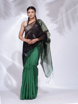 CHARUKRITI - Black and Green Blended Cotton Handwoven Saree with Zari Pallu with Unstitched Blouse