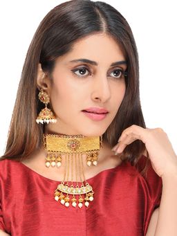 Yellow Chimes - Gold-Plated Red and White Kundan-Studded Handcrafted Jewellery Set of 2