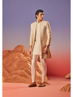 Eleven Brothers - Elaan Silk Embroidery Indo Western Beige Kurta with Pant and Jacket