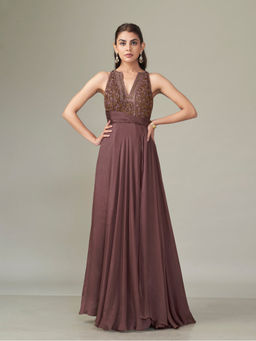 Qunic - Brown Rose Dune Party Wear Dress