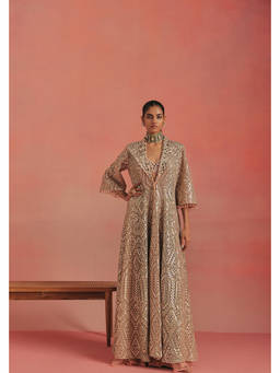 Twenty Nine - Pink Mirrorwork Wing Collar Long Anarkali Jacket