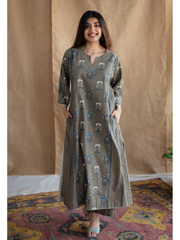 The Indian Ethnic Co. - Yashi Warm Grey Ajrakh Cotton Straight Pant