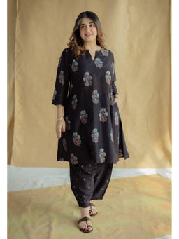 The Indian Ethnic Co. - Tarin Black Ajrakh Chanderi Silk Afghan Salwar