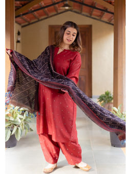 The Indian Ethnic Co. - Tarin Madder Ajrakh Chanderi Silk Afghan Salwar