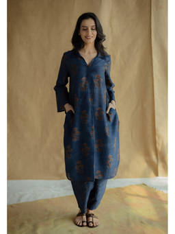 The Indian Ethnic Co. - Tarin Indigo Ajrakh Chanderi Silk Afghan Salwar