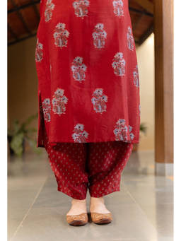 The Indian Ethnic Co. - Red Tarin Madder Ajrakh Chanderi Silk Afghan Salwar
