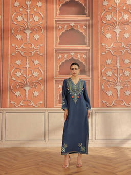 DOHR INDIA - Zeva Navy Blue Mirror Work Mul Chanderi Handcrafted Ethnic Dress