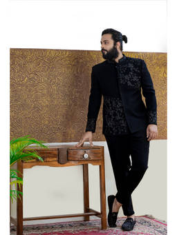 HILO DESIGN - Chival Black Cotton Bandhgala with Pant