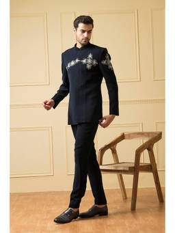 HILO DESIGN - Noble Blue Cotton Bandhgala