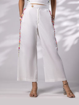 Rasra Mai - Zoya White Hand-Embroidered Pants
