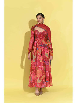Rishi & Vibhuti - Ruby Red Maxi Dress with Dupatta