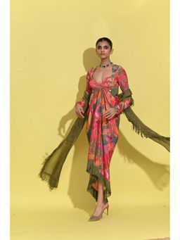 Rishi & Vibhuti - Radiant Twist Olive Maxi Dress with Dupatta