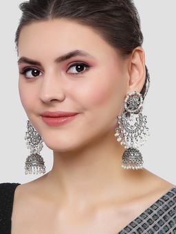 Karatcart - Oxidised Silver Handcrafted Kundan Jhumki Earrings for Women
