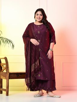 Desi Noor - Plus Size Embellished Wine Kurta Palazzo with Dupatta (Set of 3)