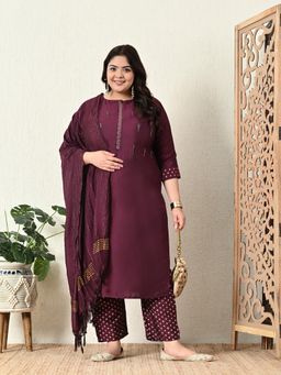 Desi Noor - Plus Size Wine Embellished Zorba Kurta with Dupatta (Set of 3)