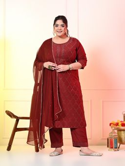 Desi Noor - Plus Size Maroon Beads and Stones Embellished Kurta Pant with Dupatta (Set of 3)