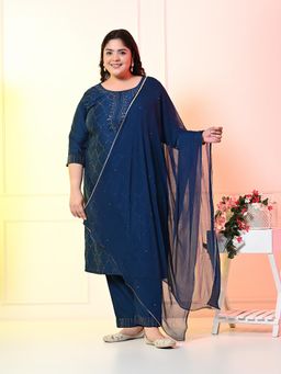 Desi Noor - Plus Size Teal Beads and Stones Embellished Kurta Pant with Dupatta (Set of 3)