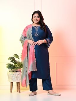 Desi Noor - Plus Size Teal Embroidered Kurta with Double Dyed Dupatta (Set of 3)