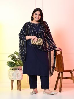 Desi Noor - Plus Size Navy Blue Ceroski Kurta Pant with Gold Printed Dupatta (Set of 3)