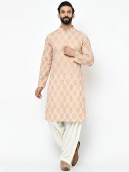 KISAH - Men Peach Printed Cotton Blend Kurta Patiyala Set with Ethnic Motifs