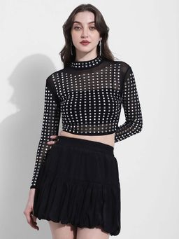 SHOWOFF - Edition Womens Studded Black High-Neck Mesh Crop Top