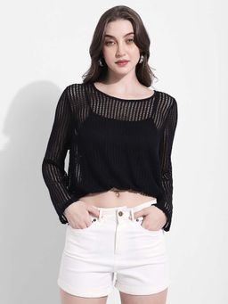 SHOWOFFFF - Womens Black Crochet Textured Top with Attached Inner
