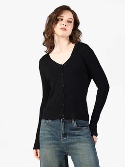 SHOWOFFFF - Edition Womens Ribbed Black Button-Down Top