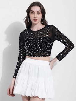 SHOWOFF - Edition Womens Pearl Embellished Black Mesh Crop Top