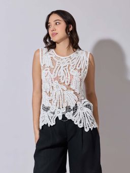 SHOWOFF - Edition Womens Sequined White Crochet Sleeveless Top