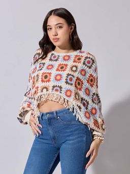 SHOWOFFFF - Edition Womens Cream And Multi Colour Crochet Crop Top with Fringe Hem