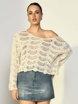 SHOWOFFFF - Edition Womens Cream Crochet Top with Scalloped Hem
