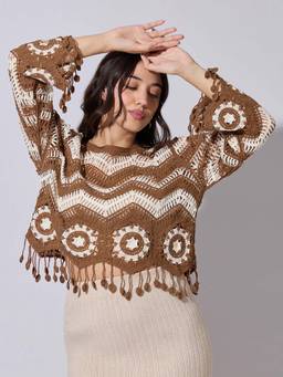 SHOWOFFFF - Edition Womens Brown Chevron Crochet Top with Fringe Hem