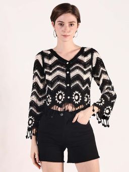 SHOWOFF - Womens Black and Cream Chevron Crochet Top with Fringe Hem