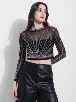 SHOWOFF - Edition Womens Embellished Black Mesh Crop Top