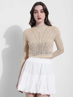 SHOWOFF - Edition Womens Embellished Beige Mesh Crop Top