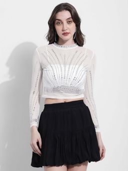 SHOWOFF - Edition Womens Embellished White Mesh Crop Top
