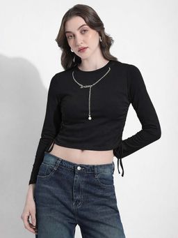 SHOWOFFFF - Womens Black Ruched Crop Top with Neck Chain