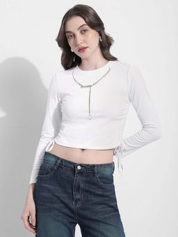 SHOWOFFFF - Womens White Ruched Crop Top with Neck Chain