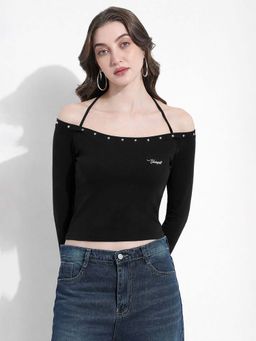 SHOWOFFFF - Womens Black Halter Neck Top with Stud Detail