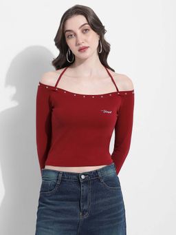 SHOWOFF - Womens Maroon Halter Neck Top with Stud Detail