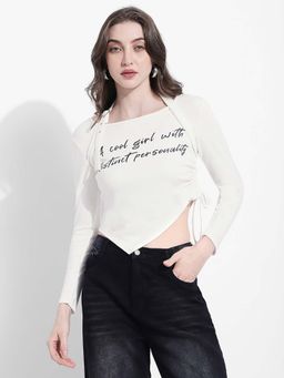 SHOWOFF - Womens Typography White Asymmetrical Hem Crop Top