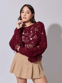 SHOWOFFFF - Edition Womens Maroon Crochet Crop Top with Fringe Hem