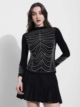 SHOWOFFFF - Womens Embellished Black Long Sleeve Top