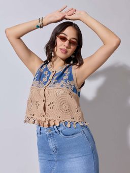 SHOWOFFFF - Edition Womens Beige Crochet Denim Panel Sleeveless Crop Top