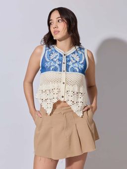SHOWOFF - Edition Womens Off White Crochet Denim Panel Sleeveless Top