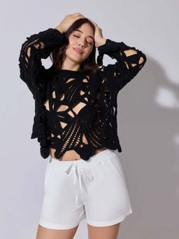SHOWOFF - Edition Womens Black Crochet Long Sleeve Top